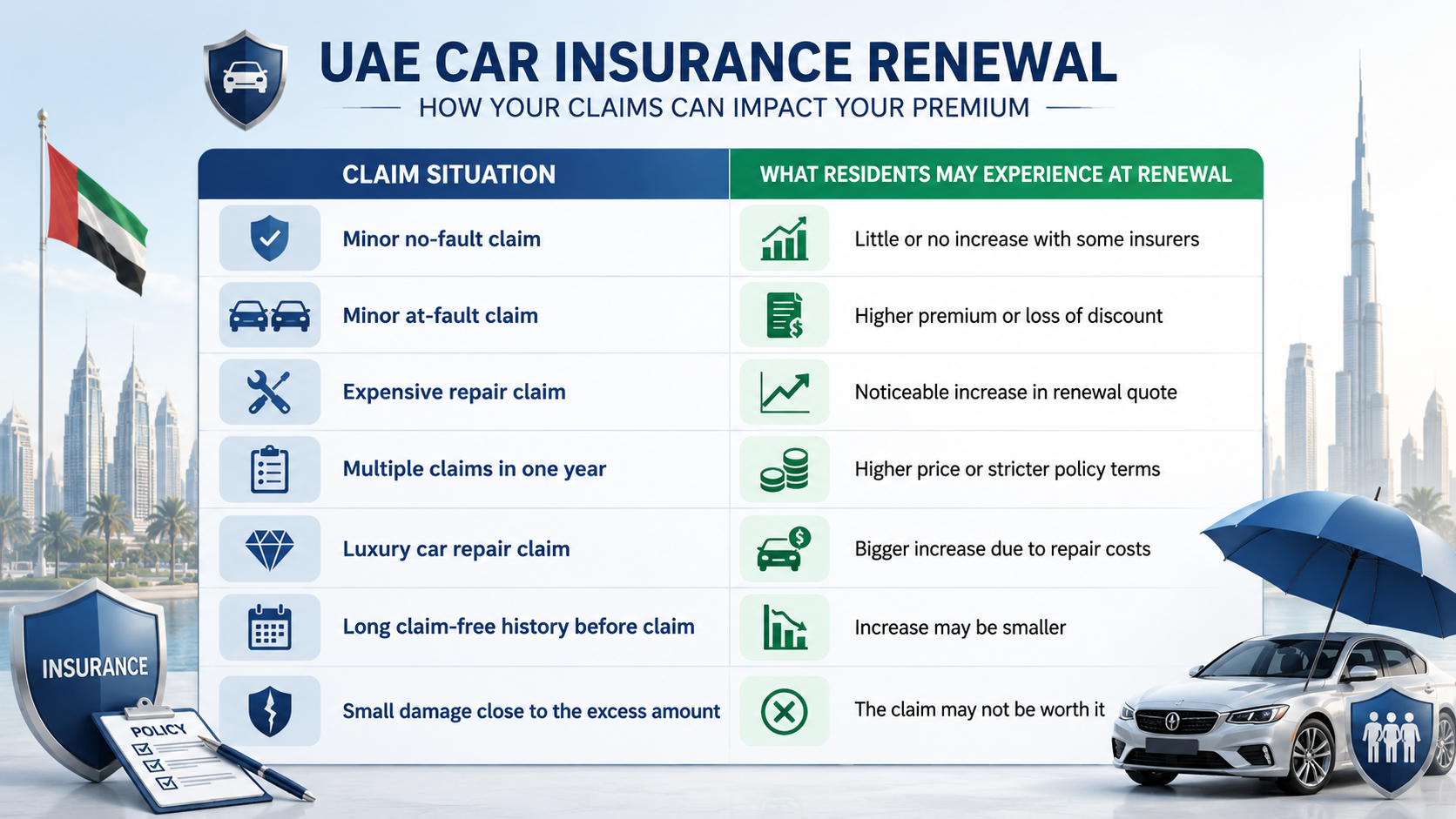 UAE car insurance renewal table showing how different claim situations may affect premium increases after a car insurance claim.